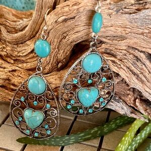 NEW HANDMADE - Turquoise and Silver Filigree Heart Earrings